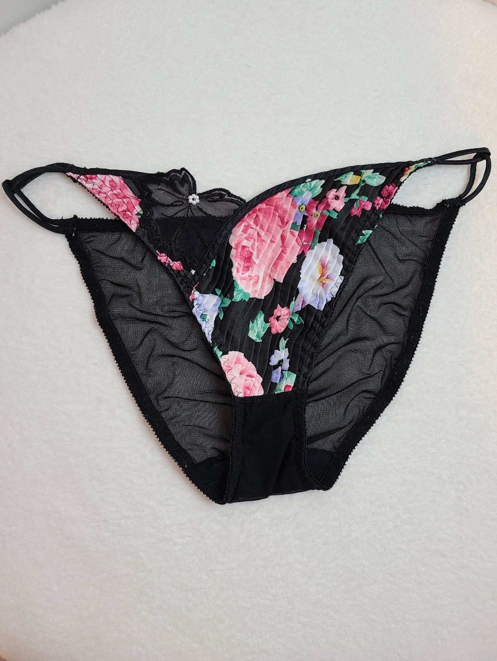 VTG Christian Dior Silky Pleated Satin & Sheer Mesh String Bikini Panty Size M